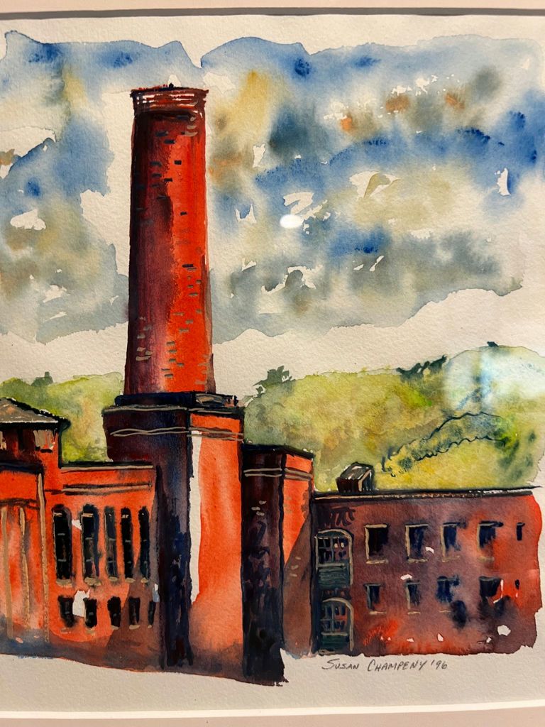 Watercolor painting of a red brick factory with a tall smokestack - 12 X 13 - image 2 of 3