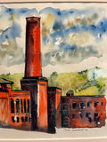 Watercolor painting of a red brick factory with a tall smokestack - 12 X 13 - thumbnail 2 of 3