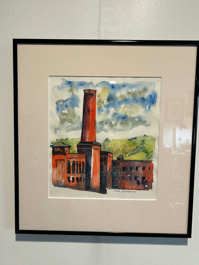 Watercolor painting of a red brick factory with a tall smokestack - 12 X 13 - image 1 of 3