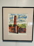 Watercolor painting of a red brick factory with a tall smokestack - 12 X 13 - thumbnail 1 of 3