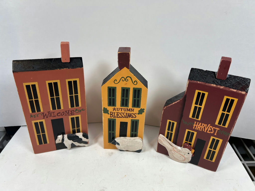 Three decorative wooden houses with animals and autumn greetings - image 1 of 6