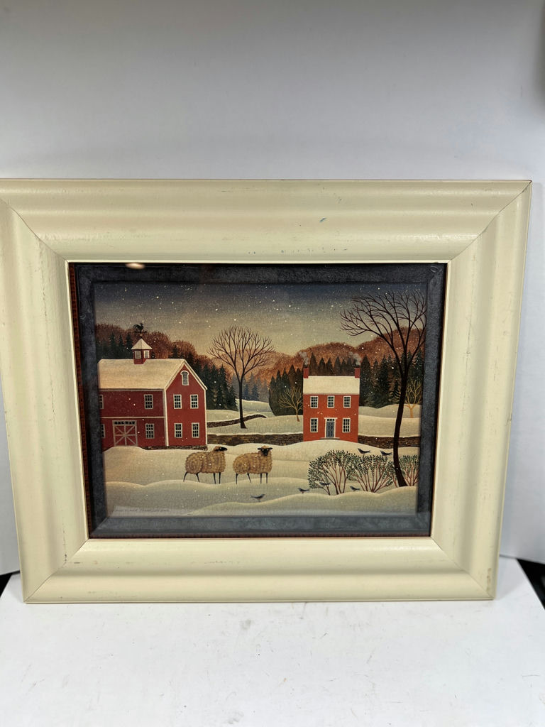 Winter landscape with red barns and sheep 14 X 12 - image 1 of 3
