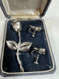 Silver-tone rose brooch with matching screw-back earrings in Rosetta box - thumbnail 1 of 4