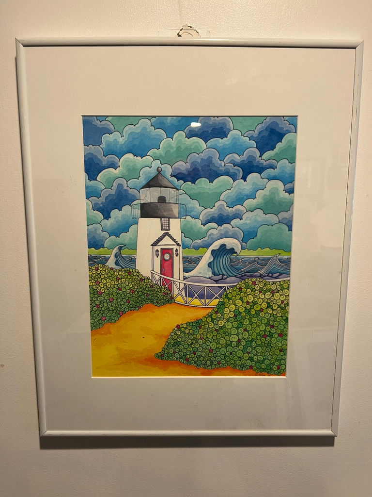 Lighthouse with red door and spiraled greenery 17" x 20" - image 1 of 4