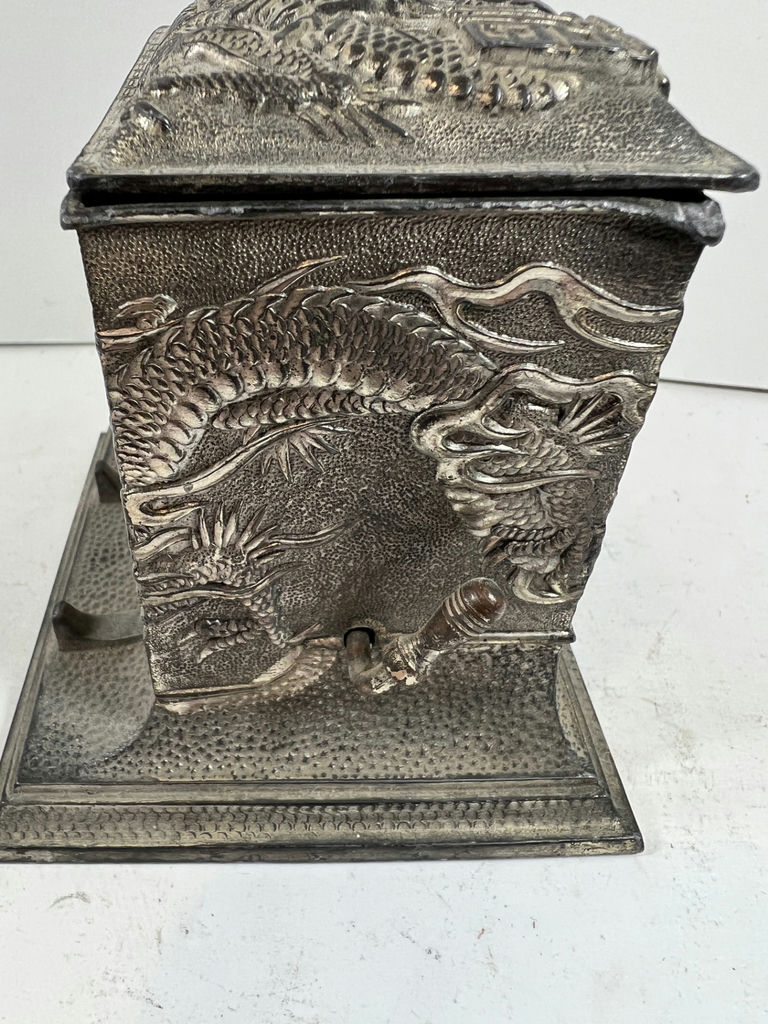 ANTIQUE Dragon relief CIGARETTE DISPENSER metal box on stand - image 7 of 8