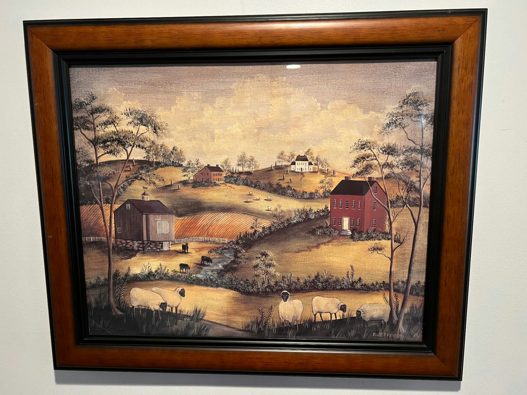 Framed pastoral farm landscape with sheep 23" X 19" - image 1 of 4