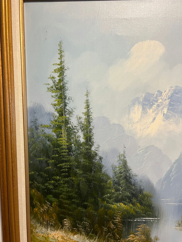 Framed landscape painting of mountains, lake, and trees 27" X 25" - image 4 of 5