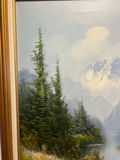Framed landscape painting of mountains, lake, and trees 27" X 25" - thumbnail 4 of 5