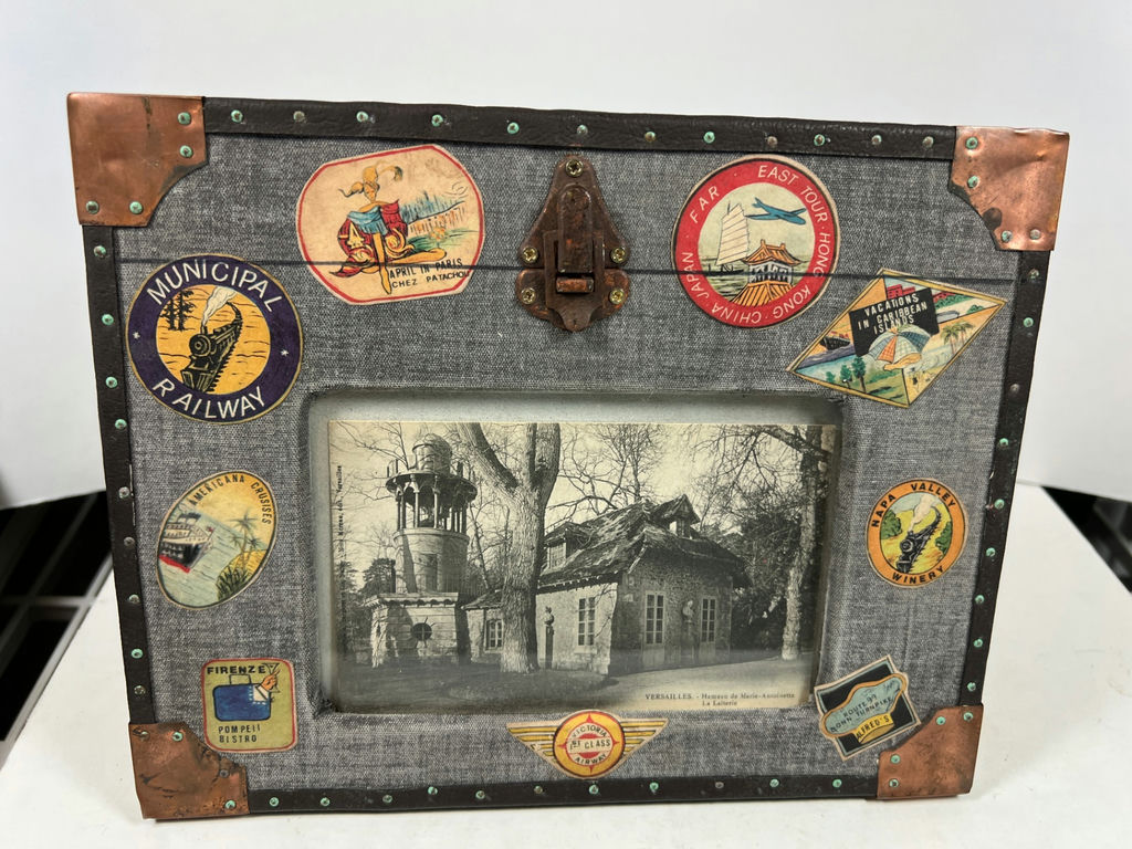 Vintage travel trunk photo frame with sticker collage 10 X 8 - image 1 of 4