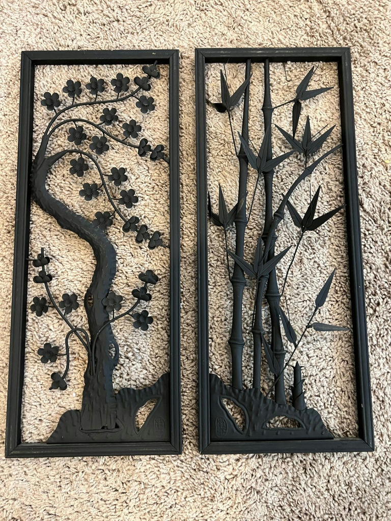 Two black metal wall art panels with bamboo and flowering vine motifs 20 X 9 each - image 1 of 3