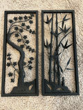 Two black metal wall art panels with bamboo and flowering vine motifs 20 X 9 each - thumbnail 1 of 3