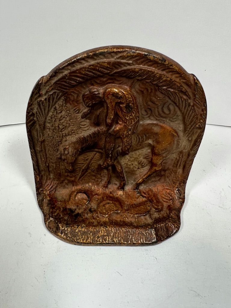 Shield-shaped rusted cast-iron relief plaque with horse motif - door stop or book end - image 1 of 4