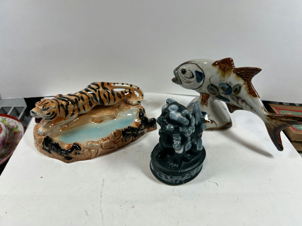 Ceramic animal figurines: tiger, fish, and foo dog trinket box - image 1 of 7