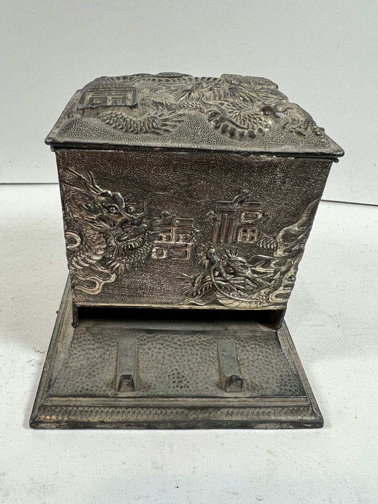 ANTIQUE Dragon relief CIGARETTE DISPENSER metal box on stand - image 1 of 8
