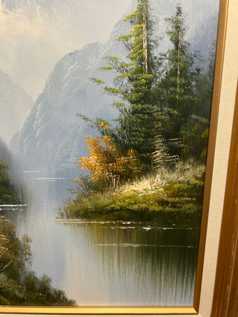 Framed landscape painting of mountains, lake, and trees 27" X 25" - image 2 of 5