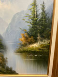 Framed landscape painting of mountains, lake, and trees 27" X 25" - thumbnail 2 of 5