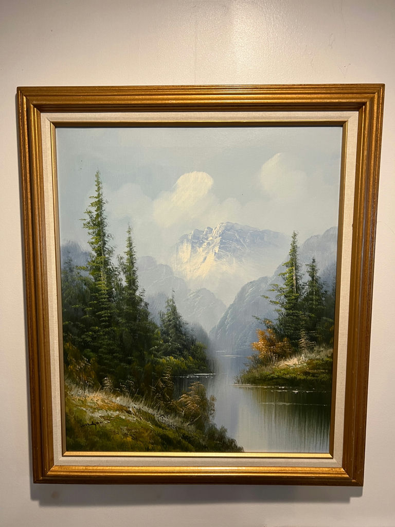 Framed landscape painting of mountains, lake, and trees 27" X 25" - image 1 of 5