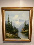 Framed landscape painting of mountains, lake, and trees 27" X 25" - thumbnail 1 of 5