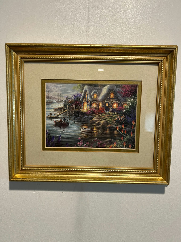 Framed harbor scene with cottage and boats 13 X 10 - image 1 of 3