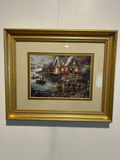 Framed harbor scene with cottage and boats 13 X 10 - thumbnail 1 of 3