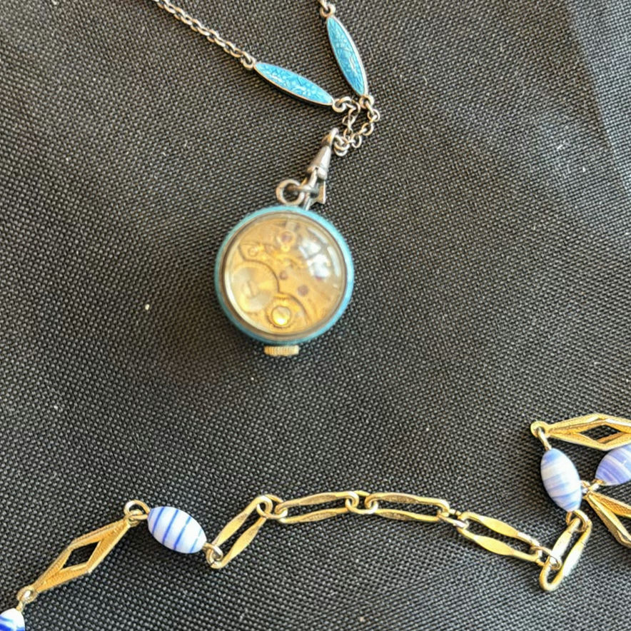 Turquoise and gold-tone bead necklaces with a pocket watch pendant - image 4 of 6