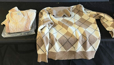 Beige argyle sweater, pink cable-knit sweater, cream cashmere cardigan, and gloves - Image 1 of 5