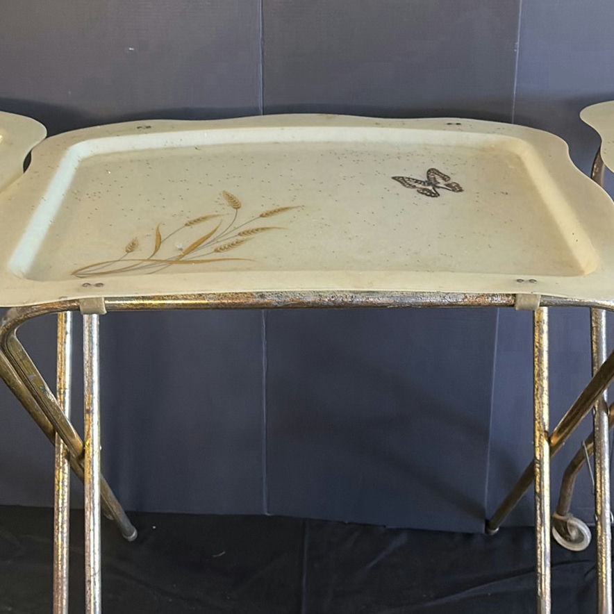 Vintage wheeled tray table with ceramic top and wooden back panel - image 3 of 8