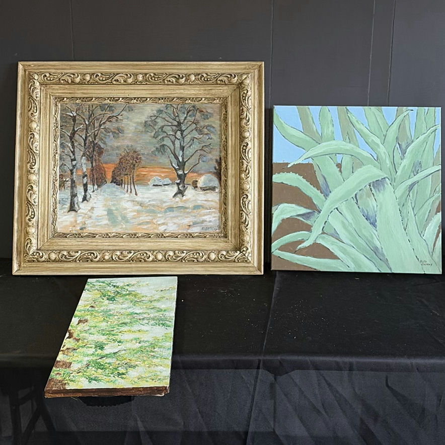 Set of three paintings: winter landscape in ornate frame and two botanical canvases - image 1 of 6
