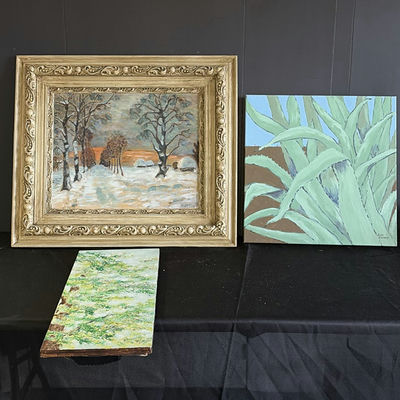 Set of three paintings: winter landscape in ornate frame and two botanical canvases - Image 1 of 6