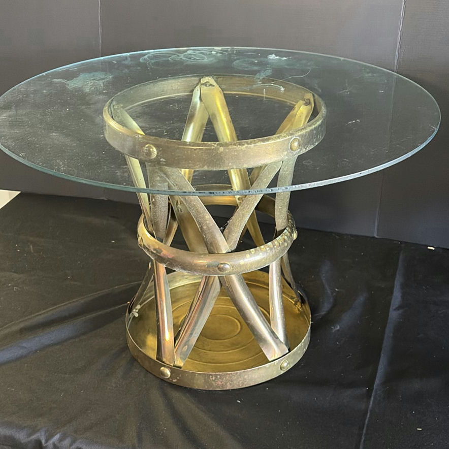 Glass-top table, round leather ottoman, and wooden tray - image 2 of 5