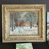 Set of three paintings: winter landscape in ornate frame and two botanical canvases - thumbnail 3 of 6