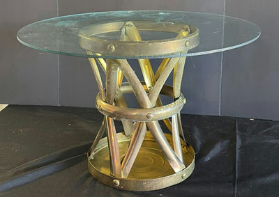 Glass-top table, round leather ottoman, and wooden tray - Image 1 of 5