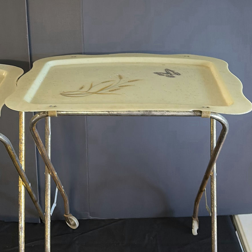 Vintage wheeled tray table with ceramic top and wooden back panel - image 4 of 8