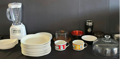 Blender with stacked dinnerware and assorted kitchenware - Image 1 of 10