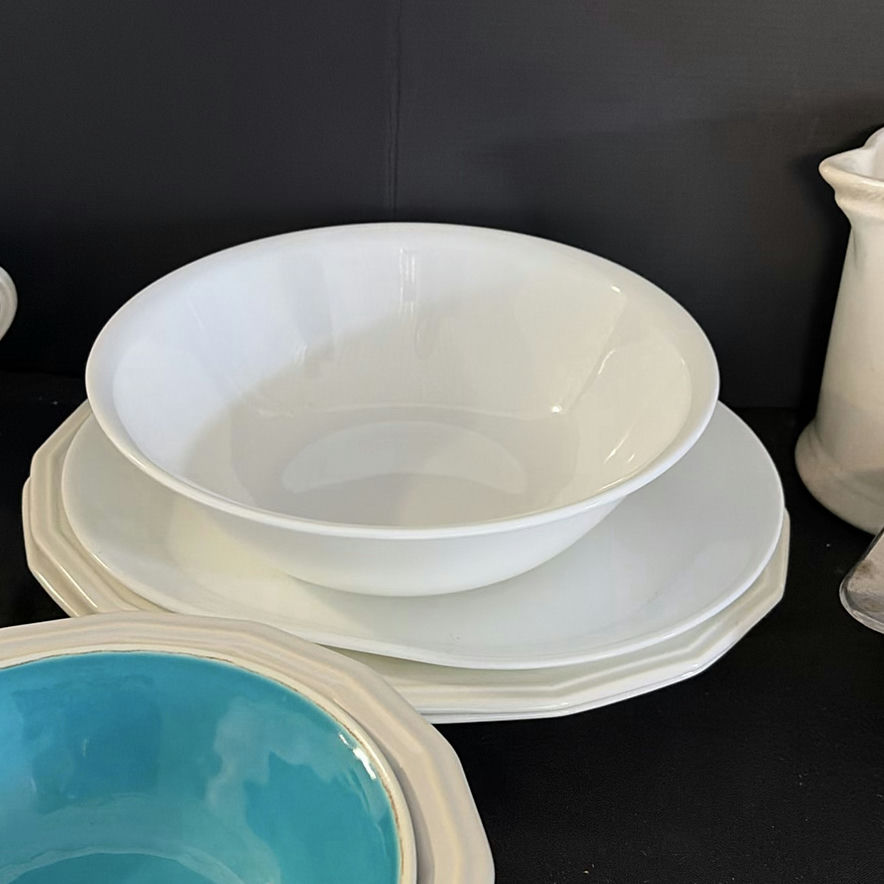 White ceramic dinnerware set with mugs, bowls, plates, and kitchen accessories - image 8 of 9