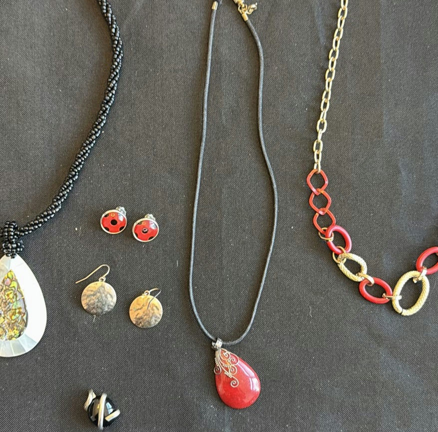 Red cabochon necklaces with assorted pendants and earrings - image 3 of 6