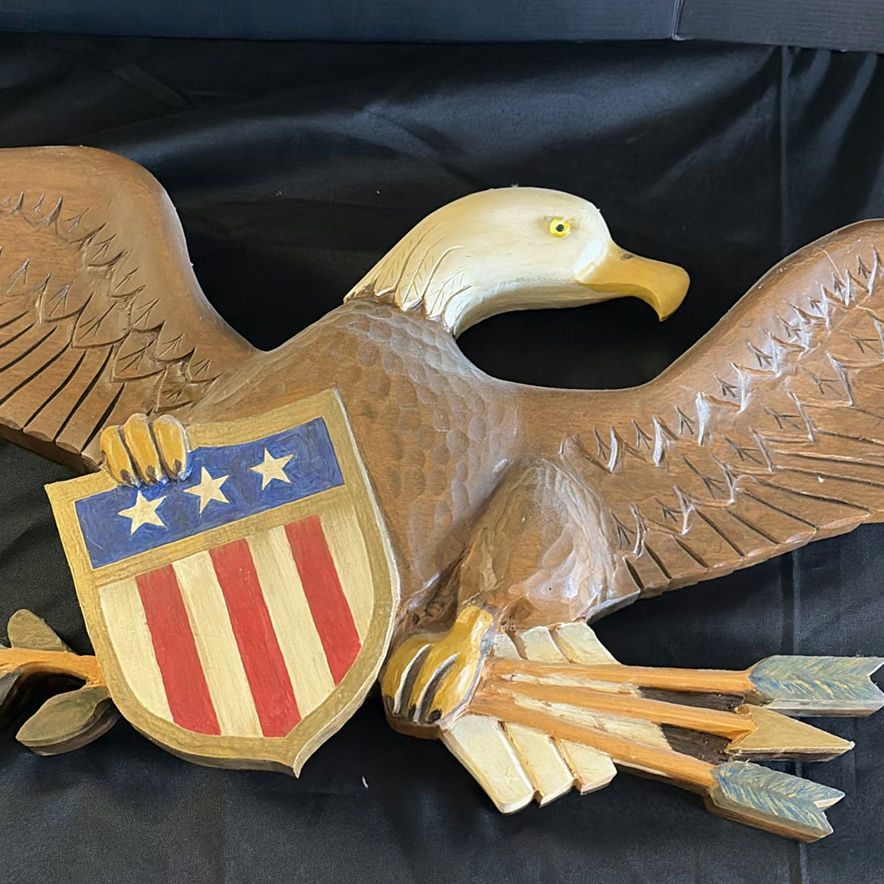 Carved wooden eagle with shield and flag-pattern boards - image 2 of 9