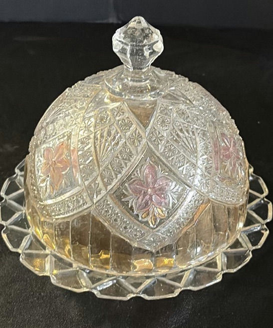 Lidded crystal dish with etched floral pattern and two metal-edged bowls - image 2 of 4