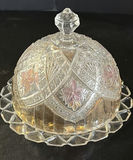 Lidded crystal dish with etched floral pattern and two metal-edged bowls - thumbnail 2 of 4