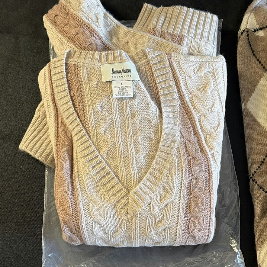 Beige argyle sweater, pink cable-knit sweater, cream cashmere cardigan, and gloves - image 2 of 5