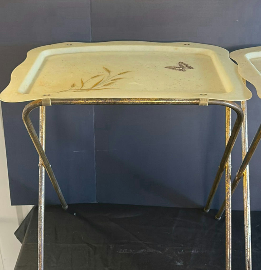 Vintage wheeled tray table with ceramic top and wooden back panel - image 1 of 8