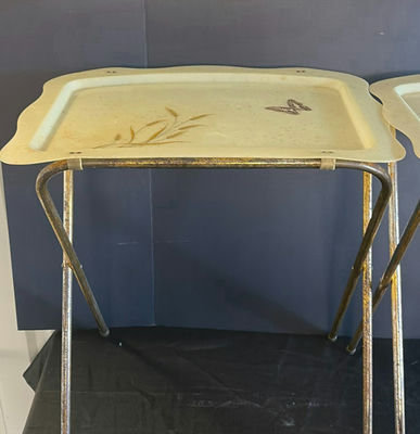 Vintage wheeled tray table with ceramic top and wooden back panel - Image 1 of 8