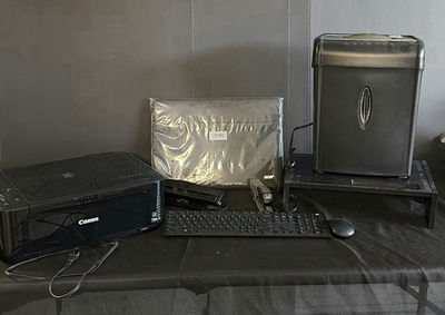 Canon printer with keyboard, mouse, shredder, stapler, and Acer boxed item - Image 1 of 6