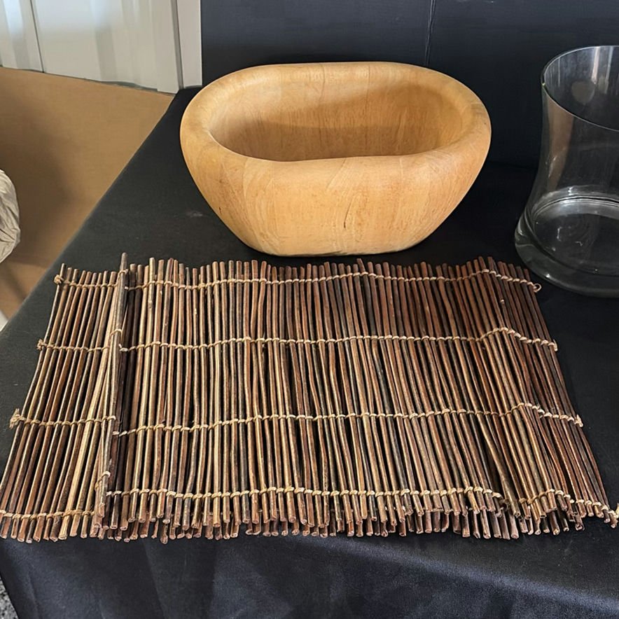 Wooden bowl, glass vase, bamboo placemat, slatted wooden trivet, and round beige disc - image 2 of 4