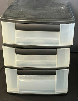 Plastic 3-Drawer Storage Cabinet, Wooden Tray, and White Wire Nesting Tables - Image 1 of 3