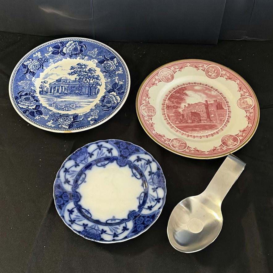 Decorative ceramic plate set: blue-and-white scenes and pink transferware with spoon - image 1 of 8