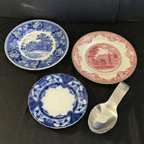 Decorative ceramic plate set: blue-and-white scenes and pink transferware with spoon - thumbnail 1 of 8