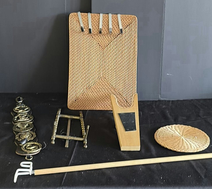 Assorted weaving, wicker, and brass decorative items - image 1 of 5