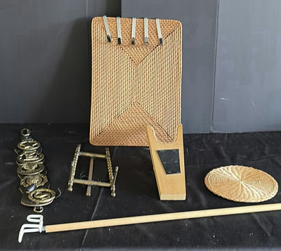 Assorted weaving, wicker, and brass decorative items - Image 1 of 5