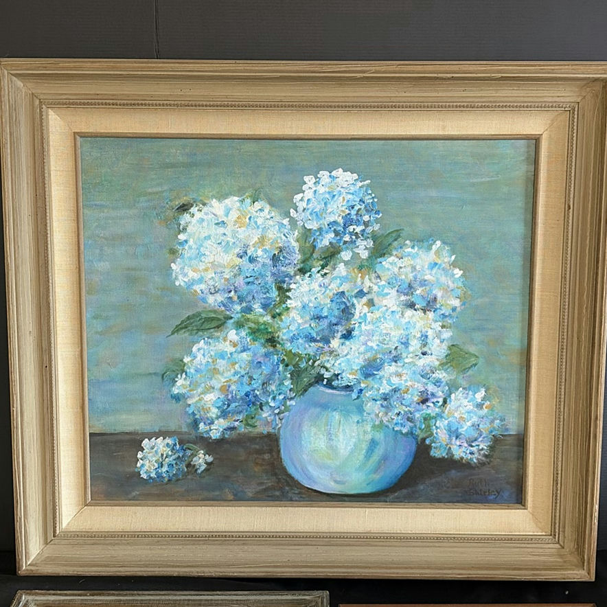 Ruth Shirley Framed Paintings: Hydrangea Bouquet, Cottage Scene, and Market Scene - image 2 of 6